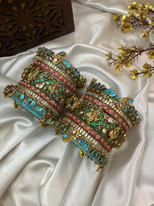 Vrindavan Krishna Kundan Bridal Set – Peacock Blue, Sea Green and Pink | Padikkai