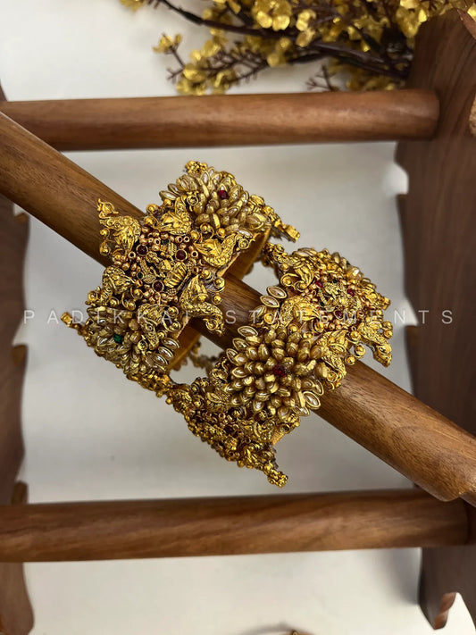 Swarnamayuri Festive Kundan Bangles – Gold, Deep Green and Ruby Red