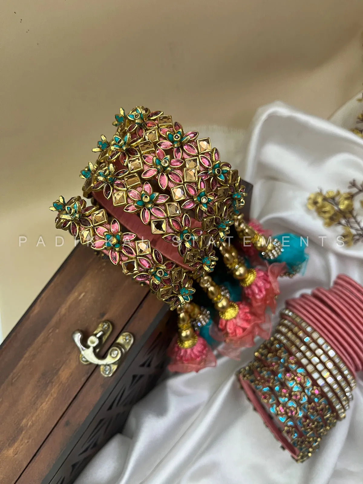 Leela Mayura Latkan Kundan Bangle Set – Rose Pink, Turquoise Blue and Antique Gold – image 8