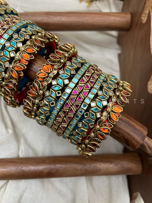 Thamarai Varnika Festive Kundan Bangle Set – Sea Blue, Magenta Pink, Orange & Antique Gold