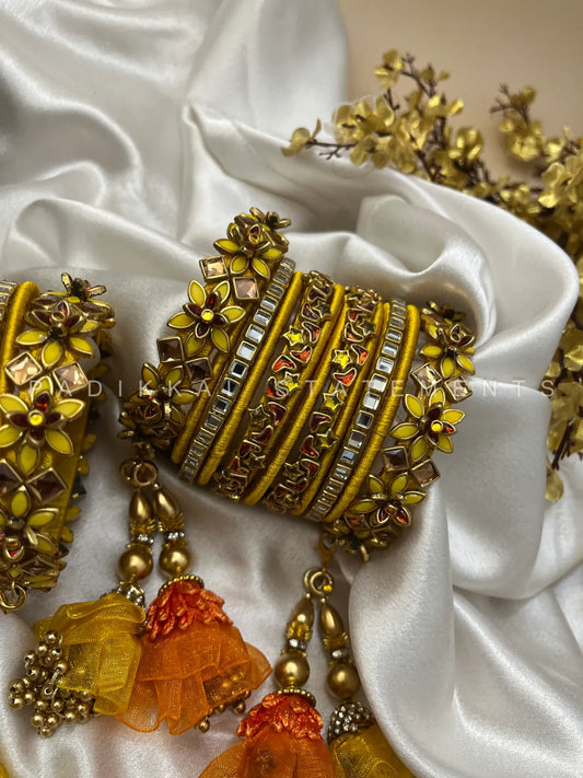 Aarohi Malar Festive Kundan Bangle Set – Saffron Yellow, Orange & Antique Gold