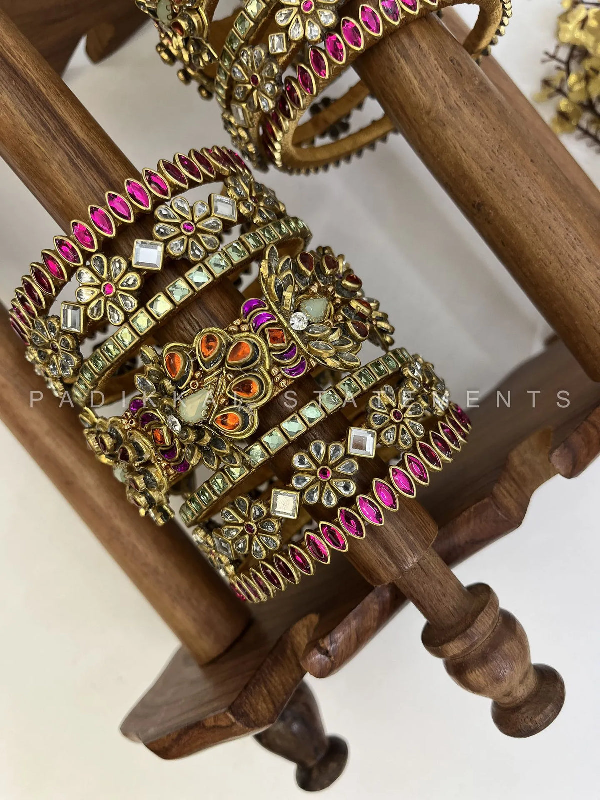 Mayura Varnam Bridal Kundan Bangles – Rani Pink, Mint Green and Gold – image 2