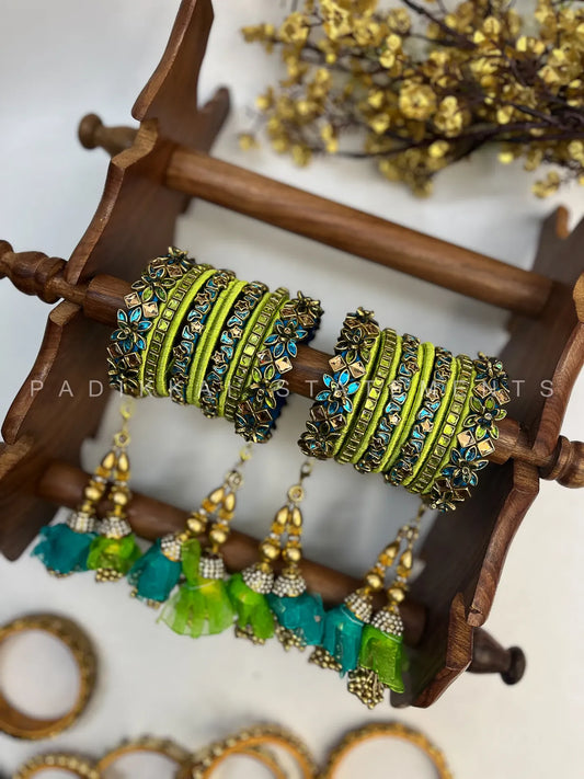 Leela Mayura Latkan Kundan Bangle Set – Parrot Green, Peacock Blue and Antique Gold