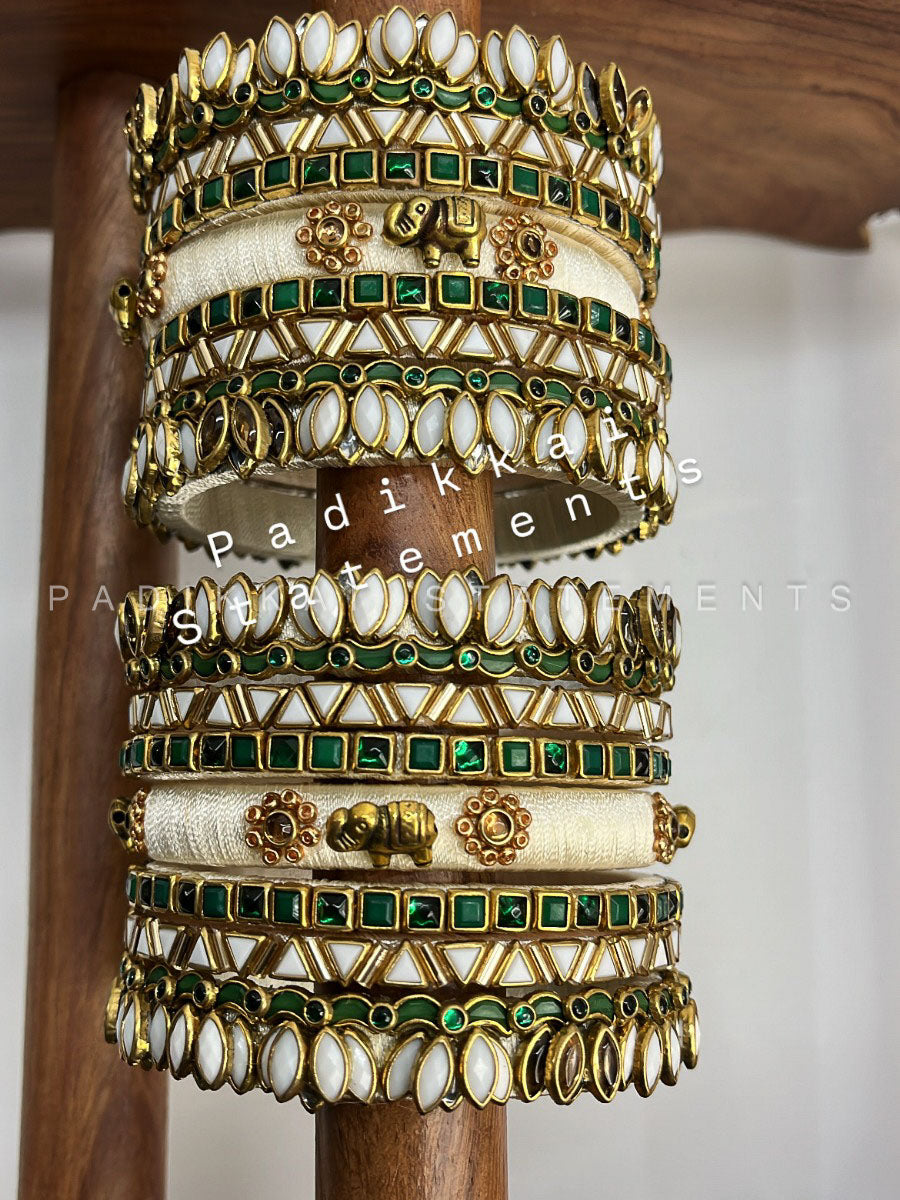 Ambal Glow White Lotus Kundan Bangles – Ivory, Emerald Green and Gold | Padikkai