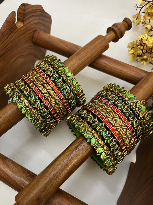Thamarai Ragini Festive Kundan Bangle Set – Parrot Green, Red and Gold | Padikkai
