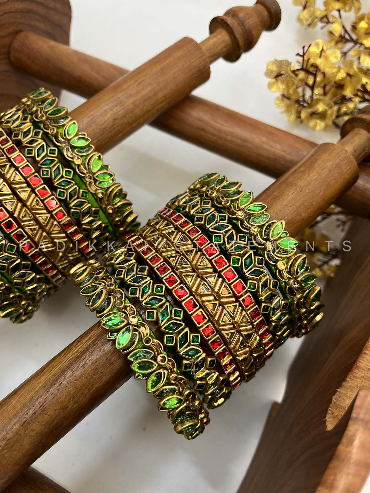 Thamarai Ragini Festive Kundan Bangle Set – Parrot Green, Red and Gold | Padikkai