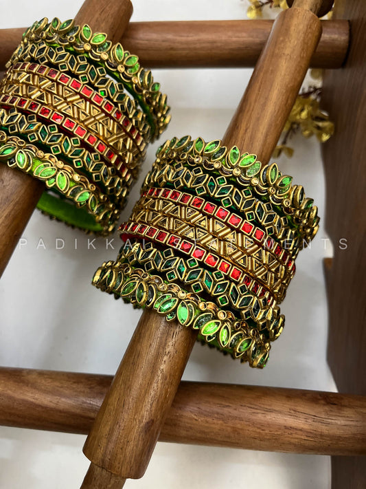 Thamarai Sindhura Festive Kundan Bangle Set – Red, Maroon and Gold | Padikkai