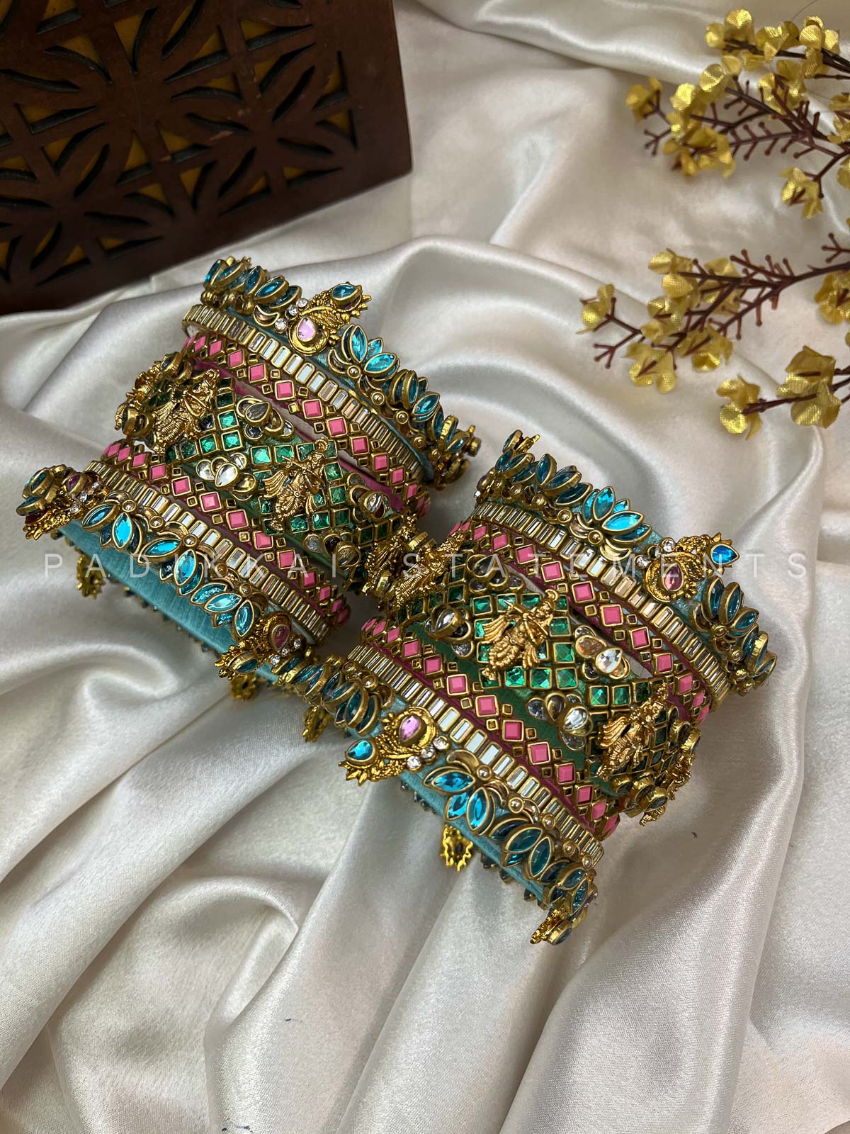 Vrindavan Krishna Kundan Bridal Set – Peacock Blue, Sea Green and Pink | Padikkai
