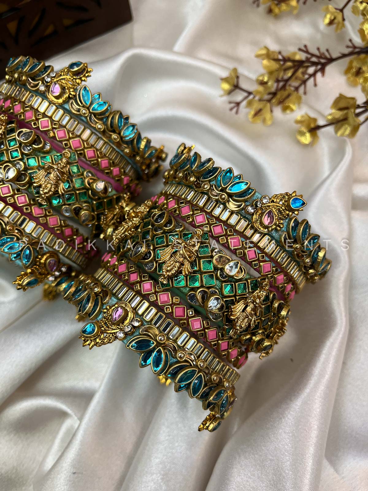 Vrindavan Krishna Kundan Bridal Set – Peacock Blue, Sea Green and Pink | Padikkai