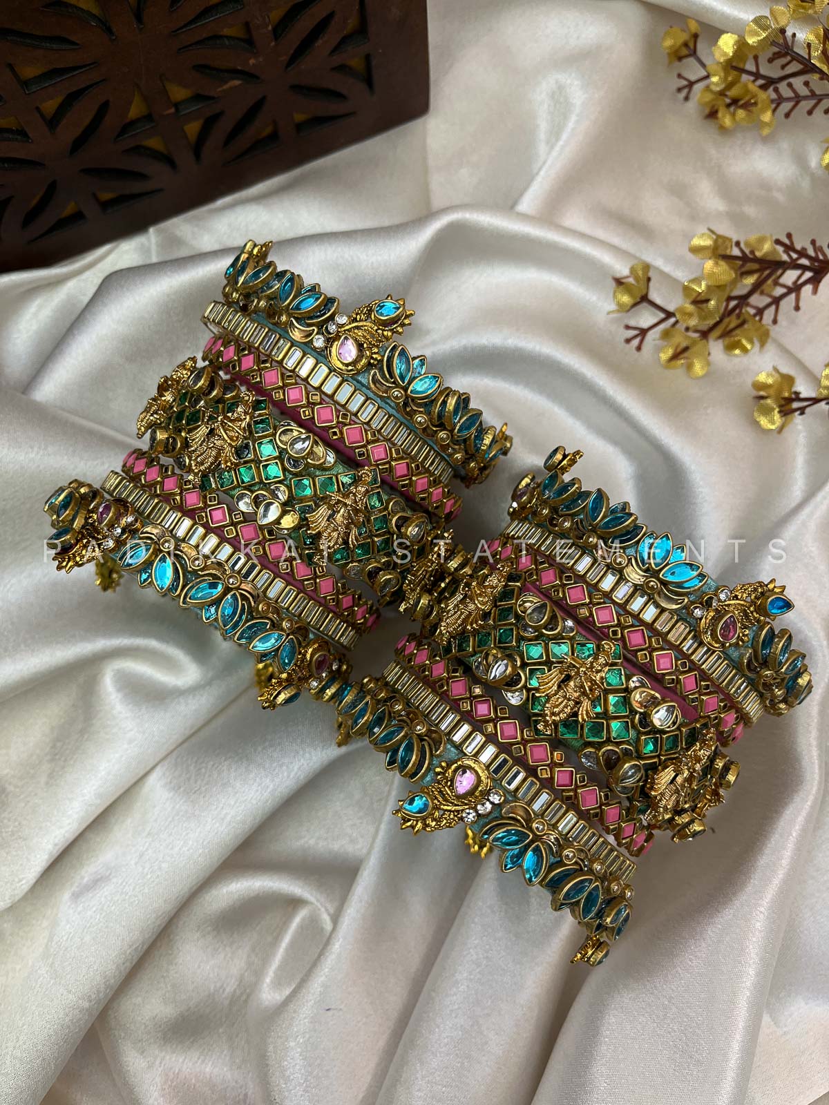 Vrindavan Krishna Kundan Bridal Set – Peacock Blue, Sea Green and Pink | Padikkai