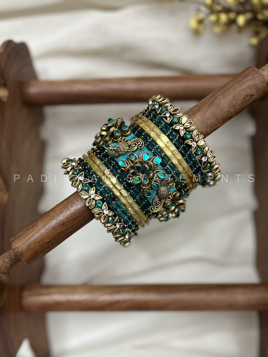 Peacock Prabhavam Gold Lotus Bangle Set – Peacock green and Gold | Padikkai