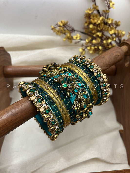 Peacock Prabhavam Gold Lotus Bangle Set – Peacock green and Gold | Padikkai