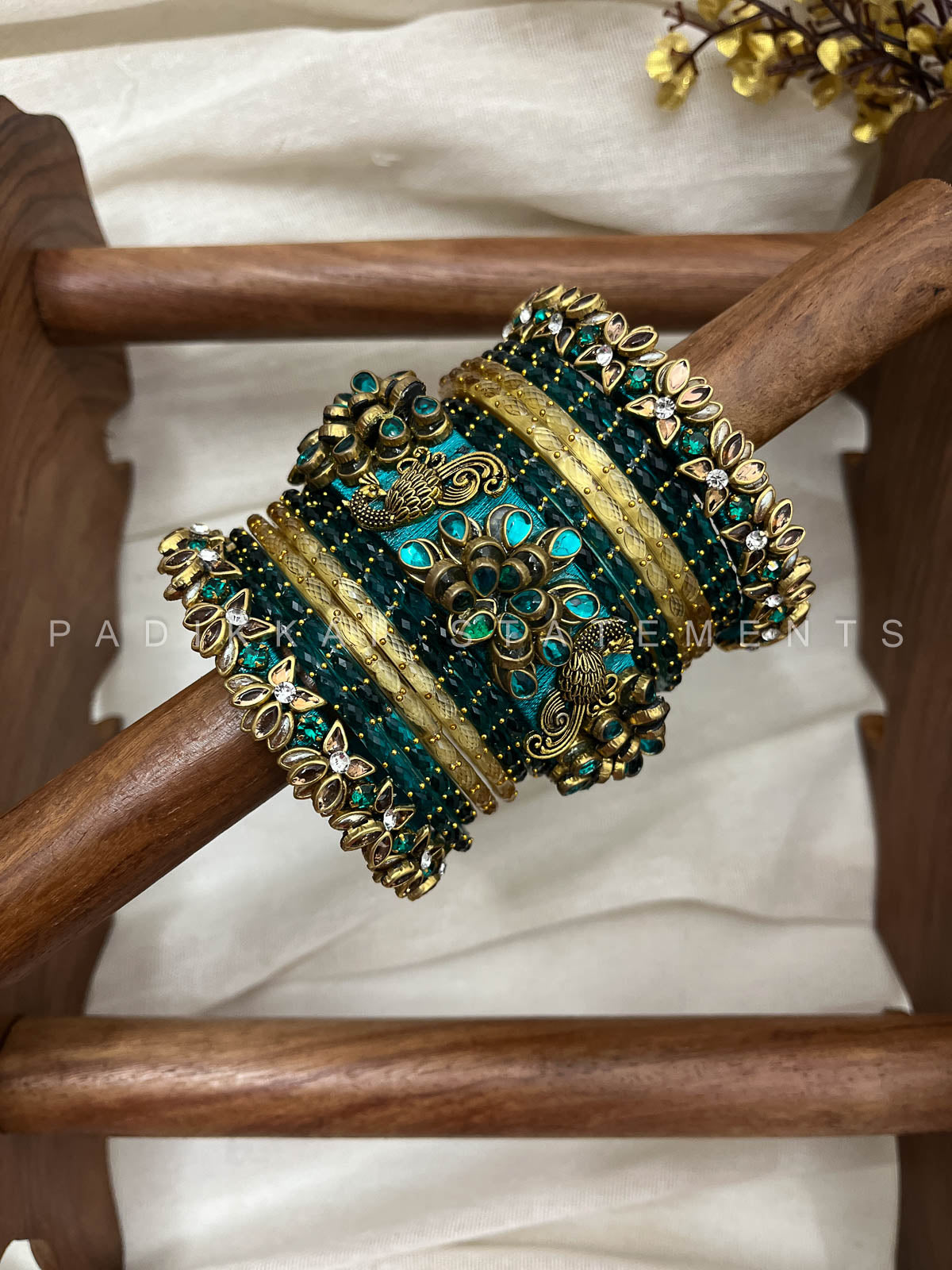 Peacock Prabhavam Gold Lotus Bangle Set – Peacock green and Gold | Padikkai