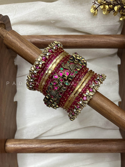 Peacock Prabhavam Gold Lotus Bangle Set – Rani Pink and Gold | Padikkai