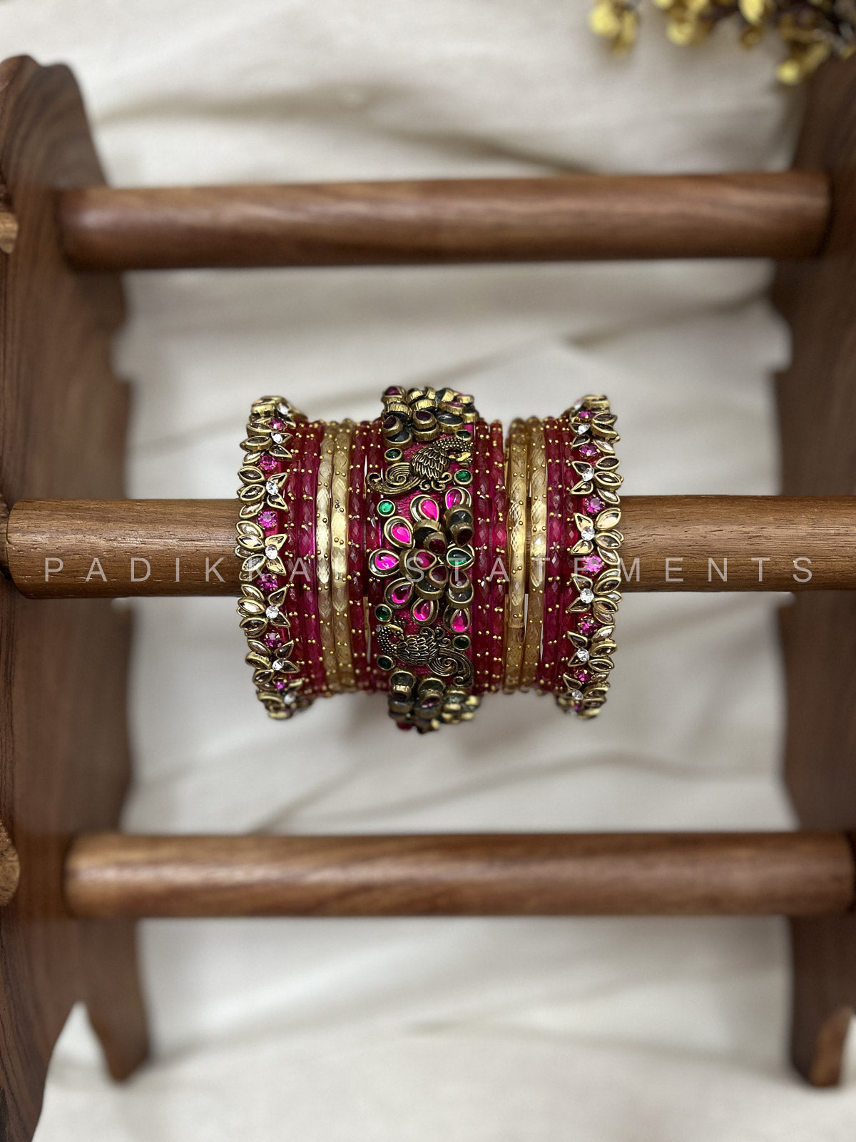 Peacock Prabhavam Gold Lotus Bangle Set – Rani Pink and Gold | Padikkai