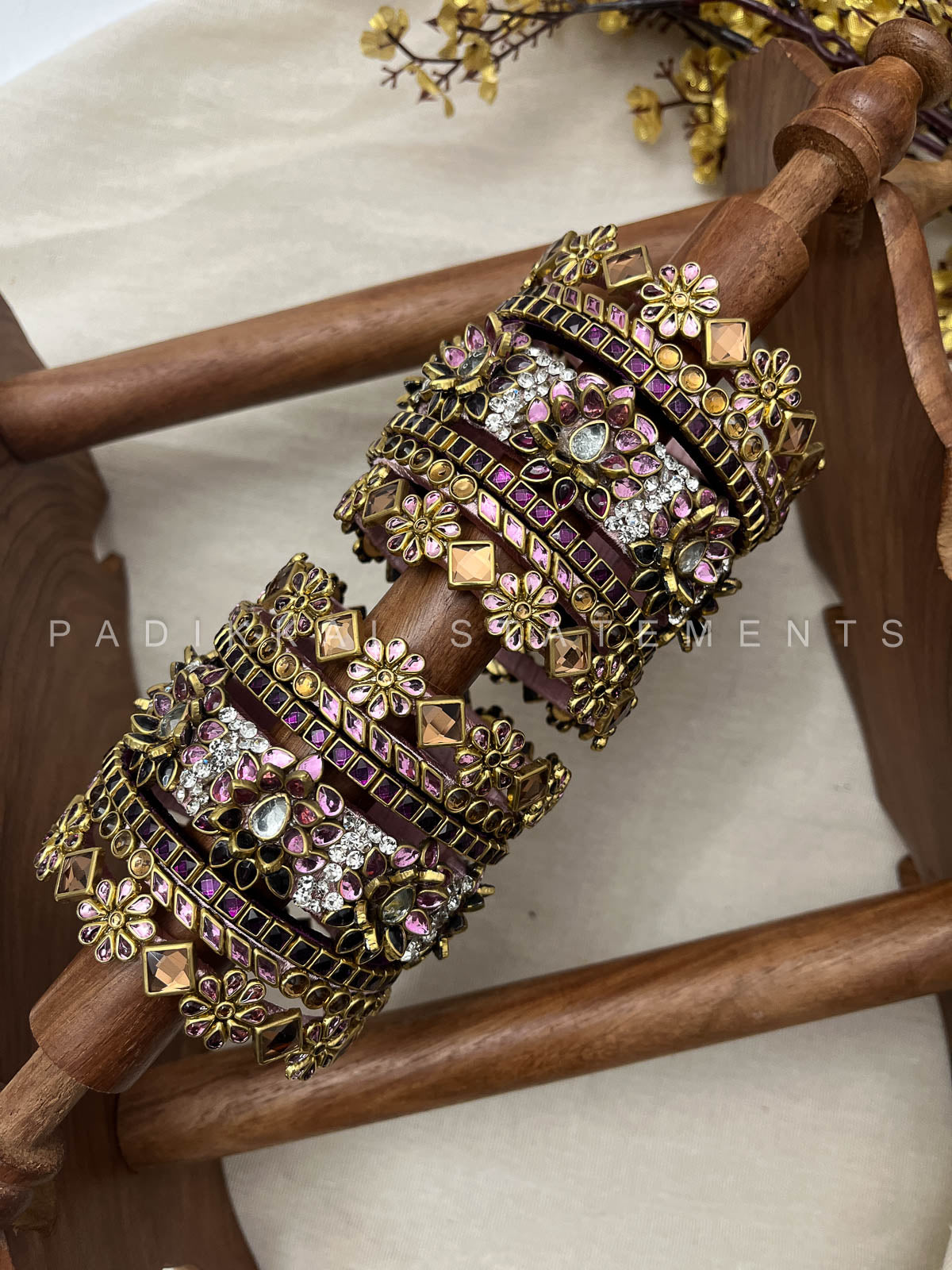 Vellai Pon Lotus Kundan Bangle Set – Dark Violet, Wine and Baby Pink | Padikkai