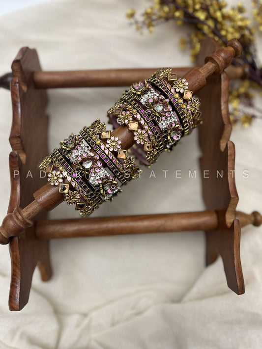 Vellai Pon Lotus Kundan Bangle Set – Dark Violet, Wine and Baby Pink | Padikkai