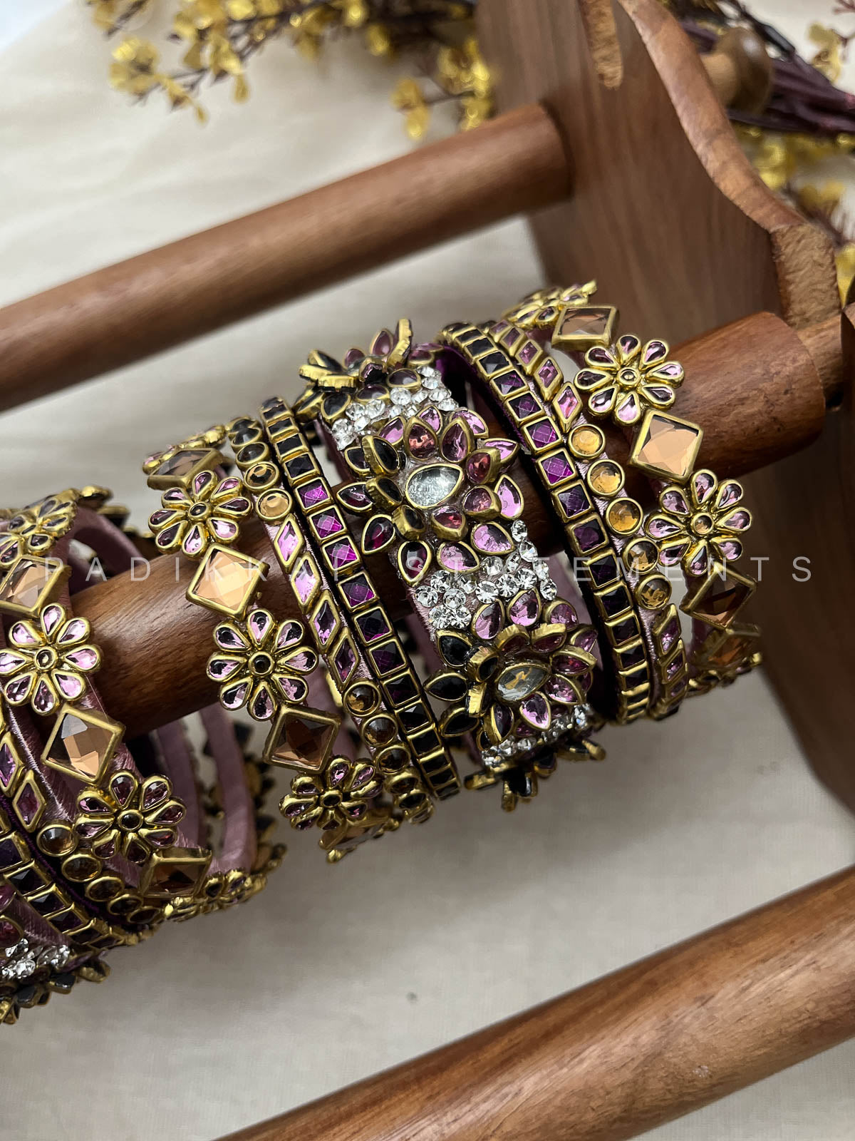 Vellai Pon Lotus Kundan Bangle Set – Dark Violet, Wine and Baby Pink | Padikkai