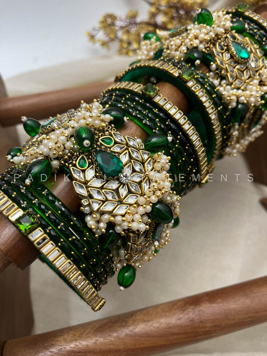 Chandra Half Moon Engagement Set – Emerald Green and Mirror White | Padikkai