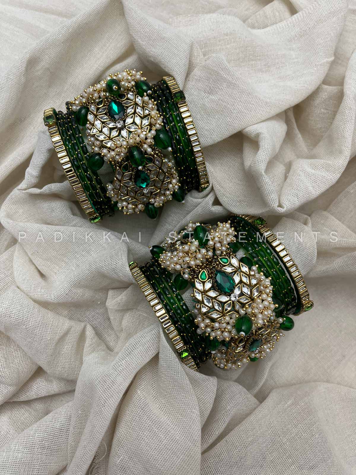 Chandra Half Moon Engagement Set – Emerald Green and Mirror White | Padikkai