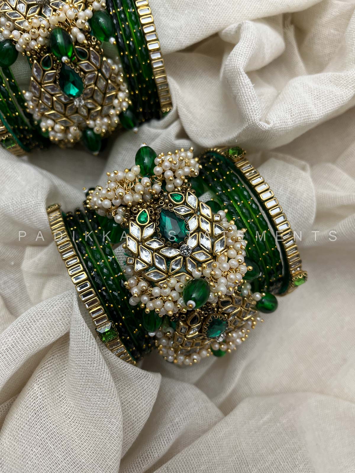 Chandra Half Moon Engagement Set – Emerald Green and Mirror White | Padikkai