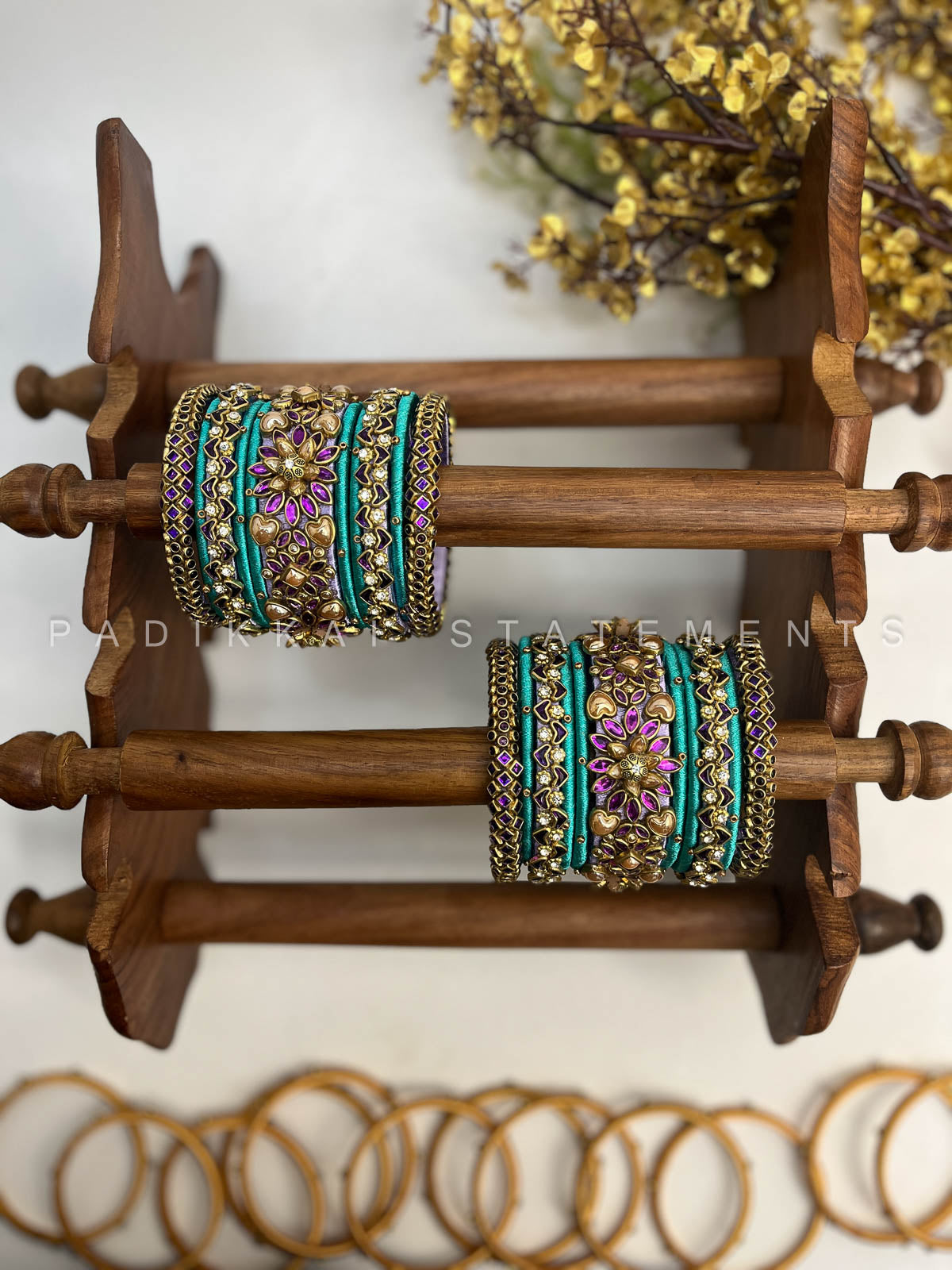 Suvarna Pushpam Kundan Bangles – Teal, Purple and Antique Gold | Padikkai