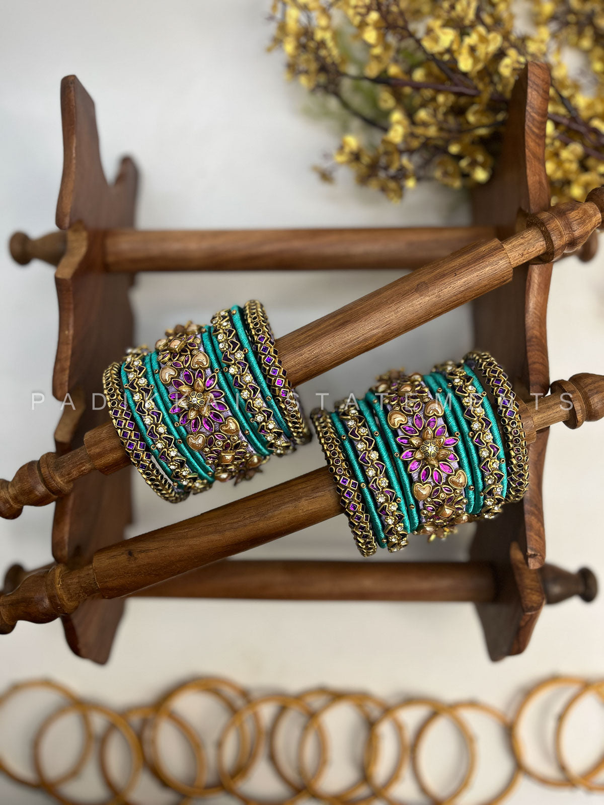 Suvarna Pushpam Kundan Bangles – Teal, Purple and Antique Gold | Padikkai