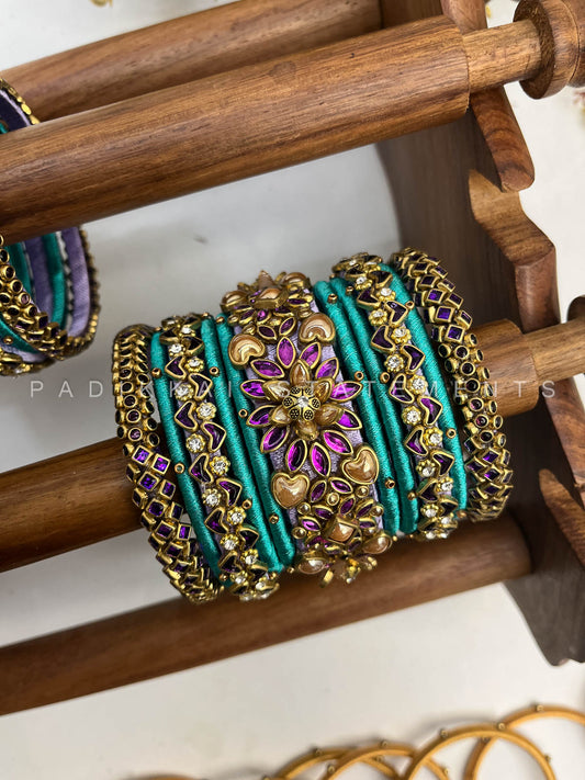 Suvarna Pushpam Kundan Bangles – Teal, Purple and Antique Gold | Padikkai