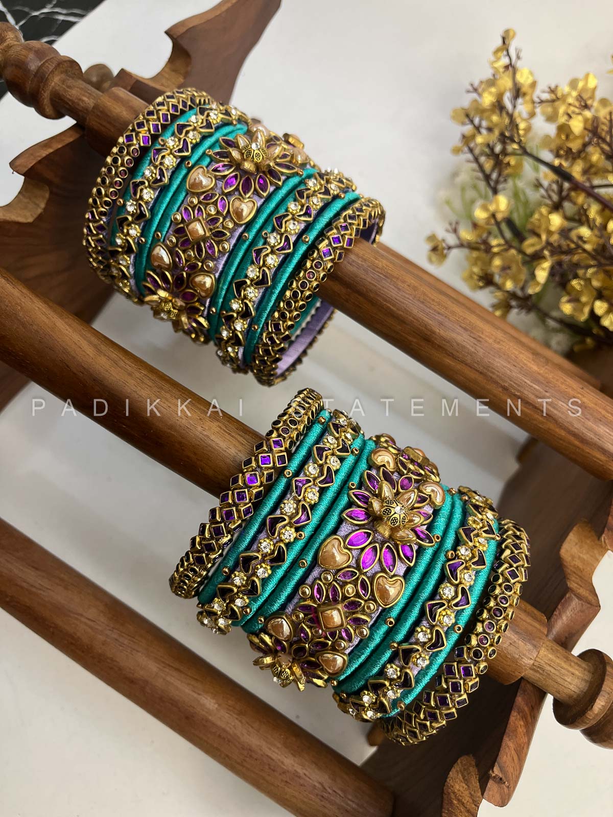 Suvarna Pushpam Kundan Bangles – Teal, Purple and Antique Gold | Padikkai