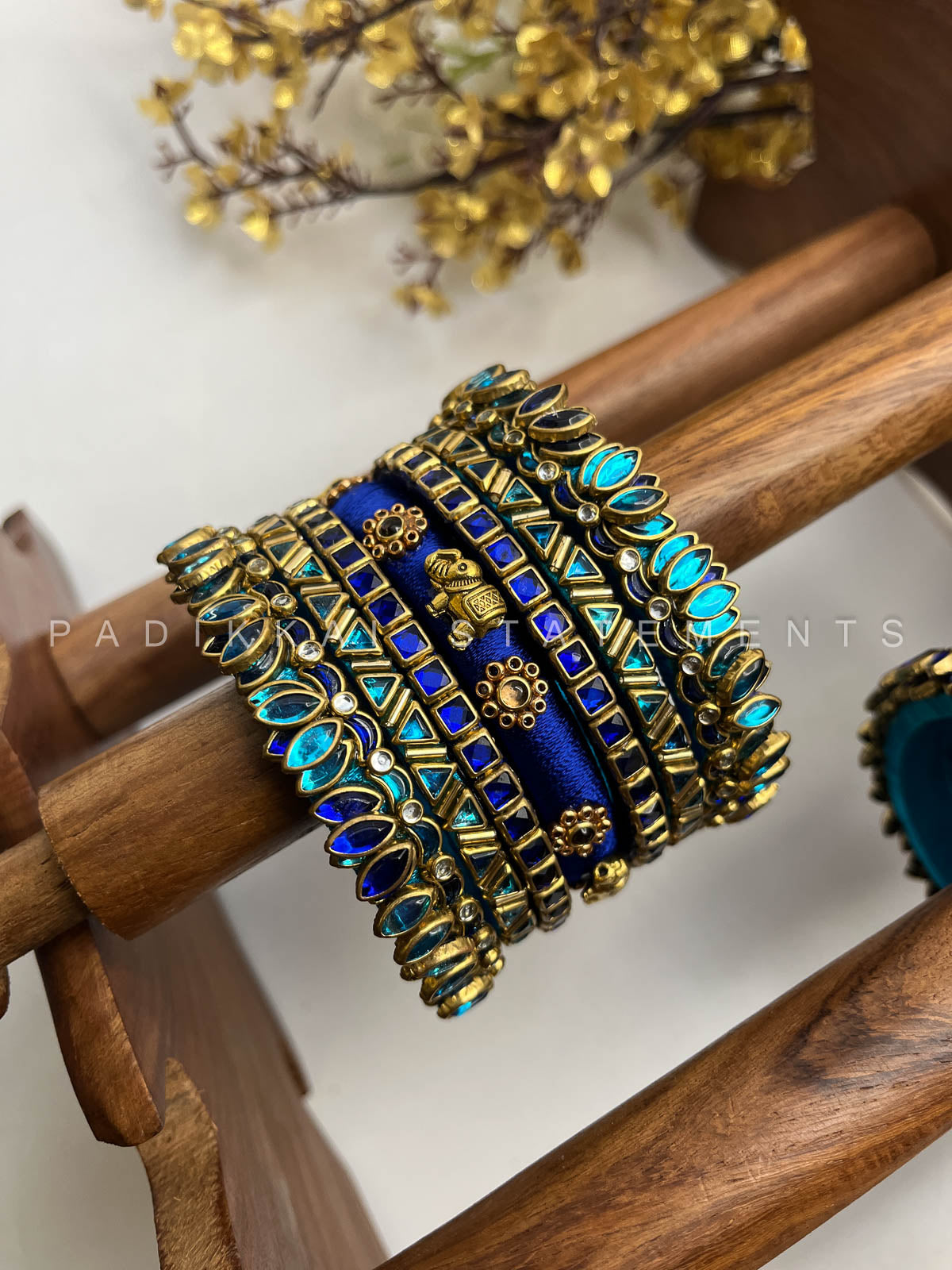 Neelika Glow Bridal Kundan Bangles – Peacock Blue, Dark Blue and Gold | Padikkai