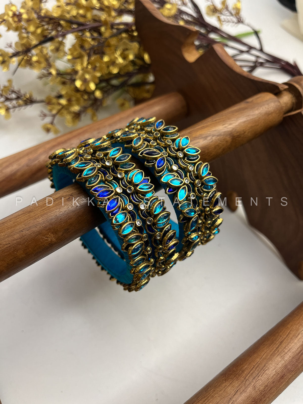 Neelika Glow Bridal Kundan Bangles – Peacock Blue, Dark Blue and Gold | Padikkai