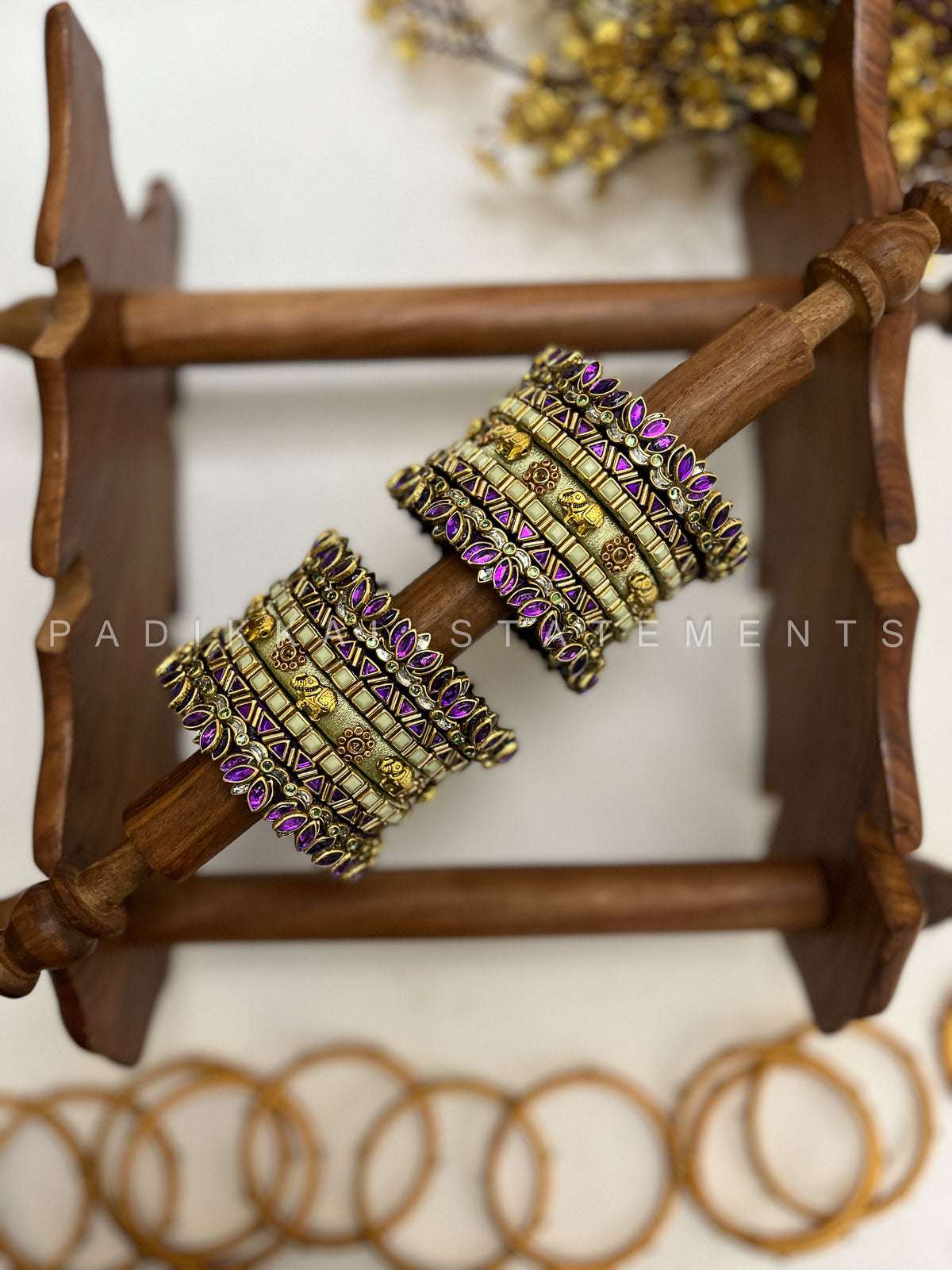 Paithani Glow Kundan Bangles – Pista Green, Violet and Gold | Padikkai