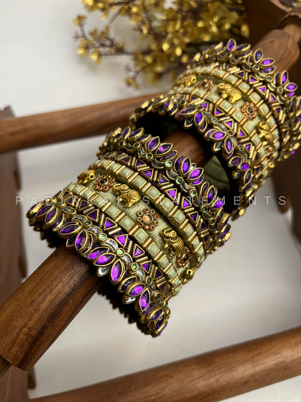 Paithani Glow Kundan Bangles – Pista Green, Violet and Gold | Padikkai