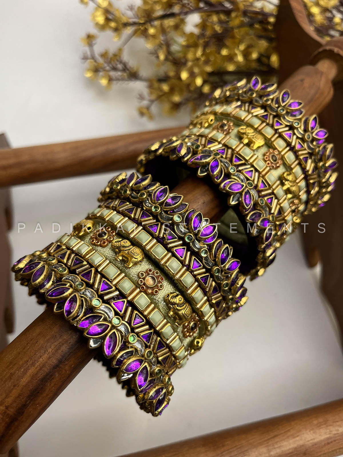Paithani Glow Kundan Bangles – Pista Green, Violet and Gold | Padikkai
