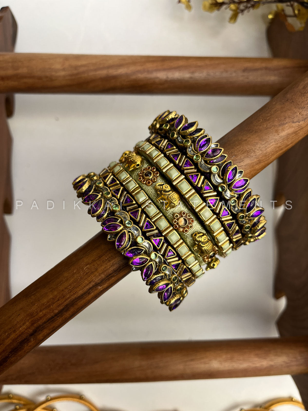 Paithani Glow Kundan Bangles – Pista Green, Violet and Gold | Padikkai