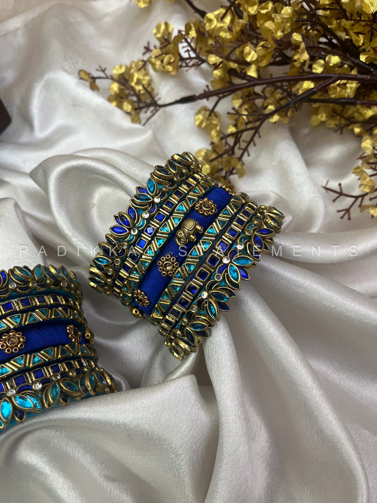Neelika Glow Bridal Kundan Bangles – Peacock Blue, Dark Blue and Gold | Padikkai