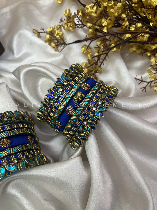 Neelika Glow Bridal Kundan Bangles – Peacock Blue, Dark Blue and Gold | Padikkai