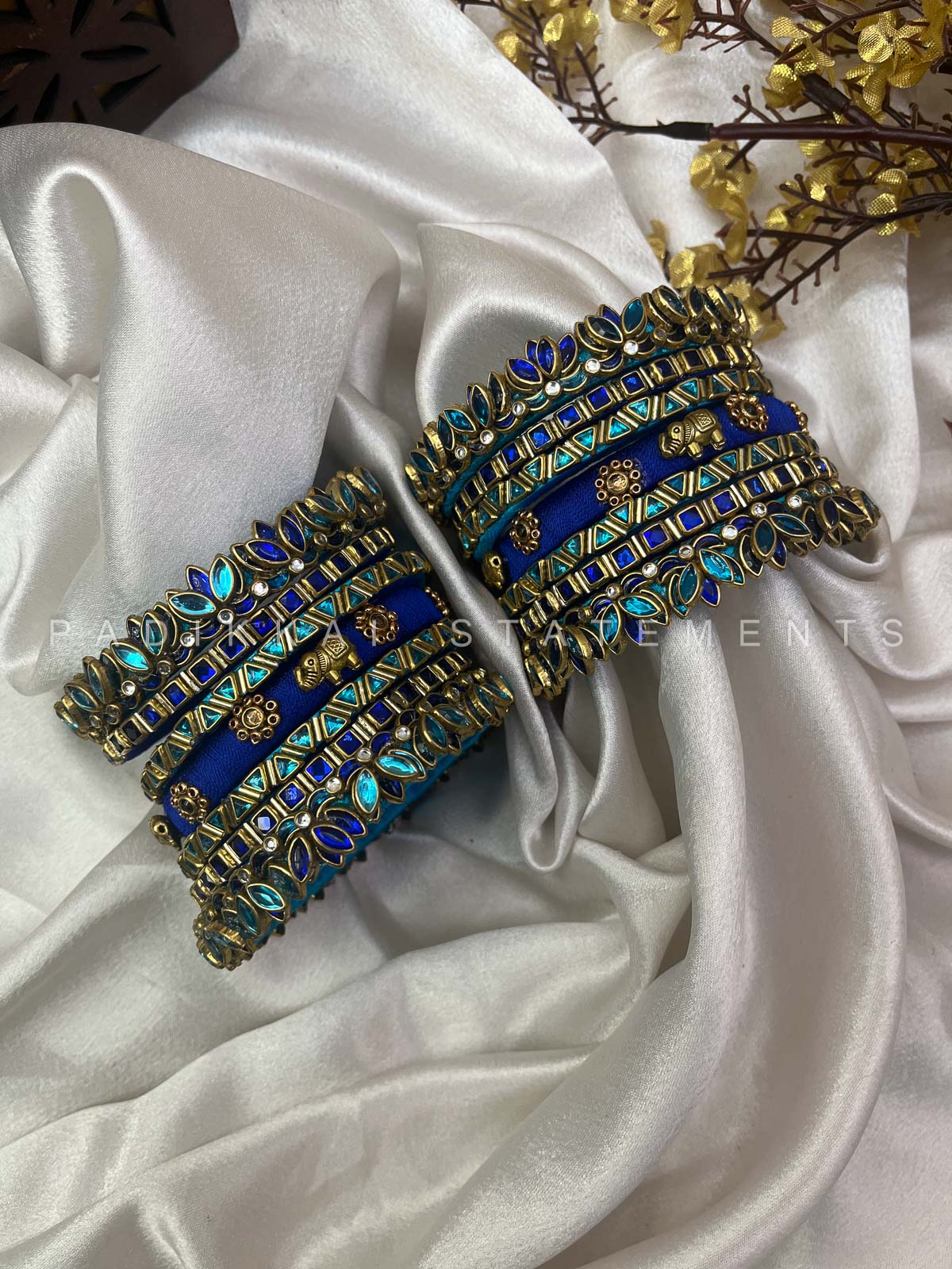 Neelika Glow Bridal Kundan Bangles – Peacock Blue, Dark Blue and Gold | Padikkai