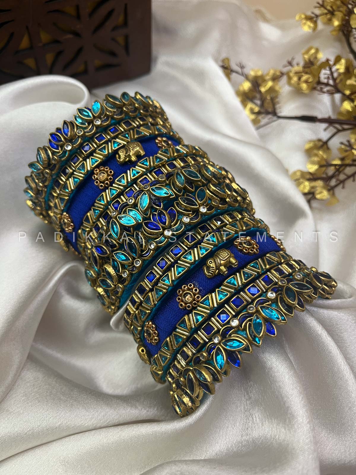 Neelika Glow Bridal Kundan Bangles – Peacock Blue, Dark Blue and Gold | Padikkai
