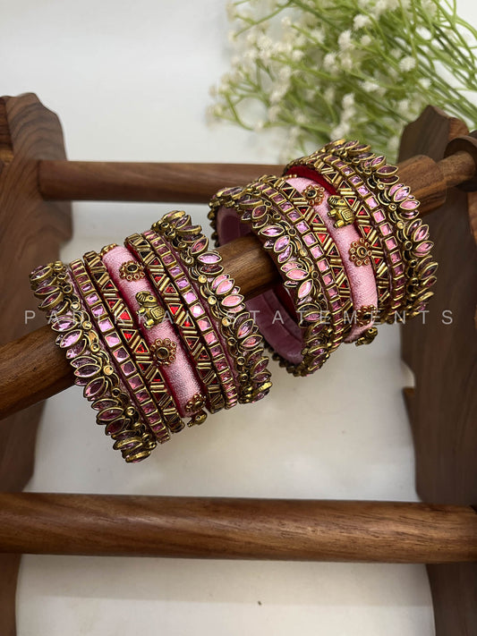 Rohini Glow Bridal Kundan Bangles – Baby Pink, Red and Gold | Padikkai