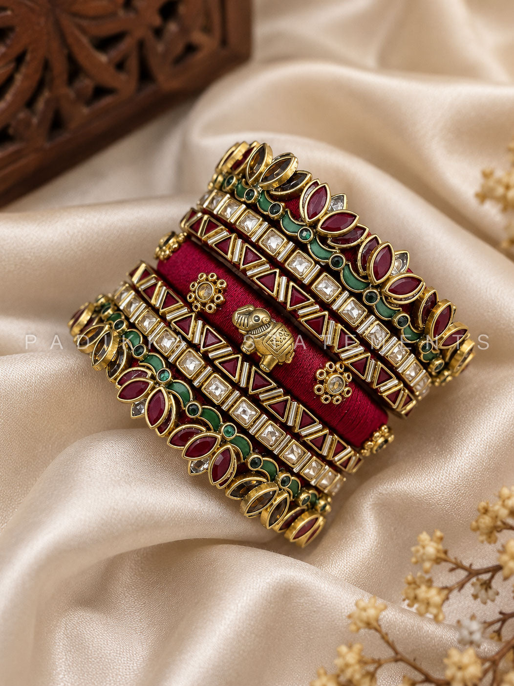 Vaidika Glow Bridal Kundan Bangles – Maroon, Forest Green and Gold | Padikkai