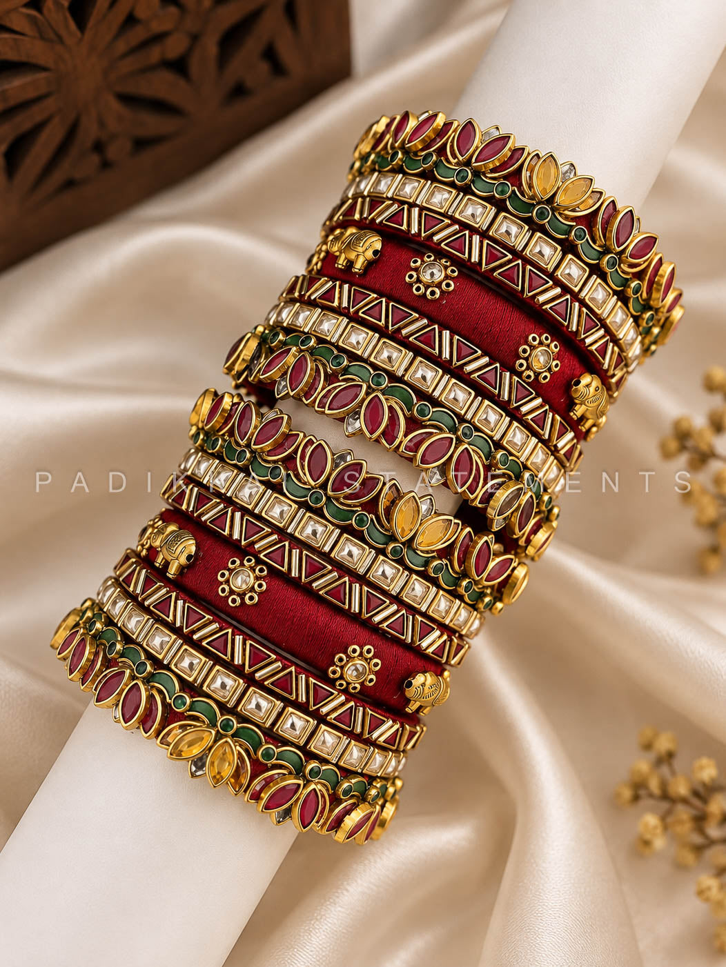 Vaidika Glow Bridal Kundan Bangles – Maroon, Forest Green and Gold | Padikkai