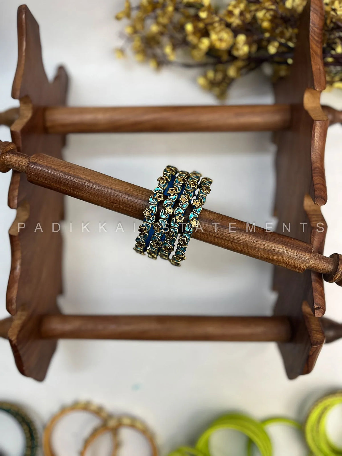 Leela Mayura Latkan Kundan Bangle Set – Parrot Green, Peacock Blue and Antique Gold – image 5