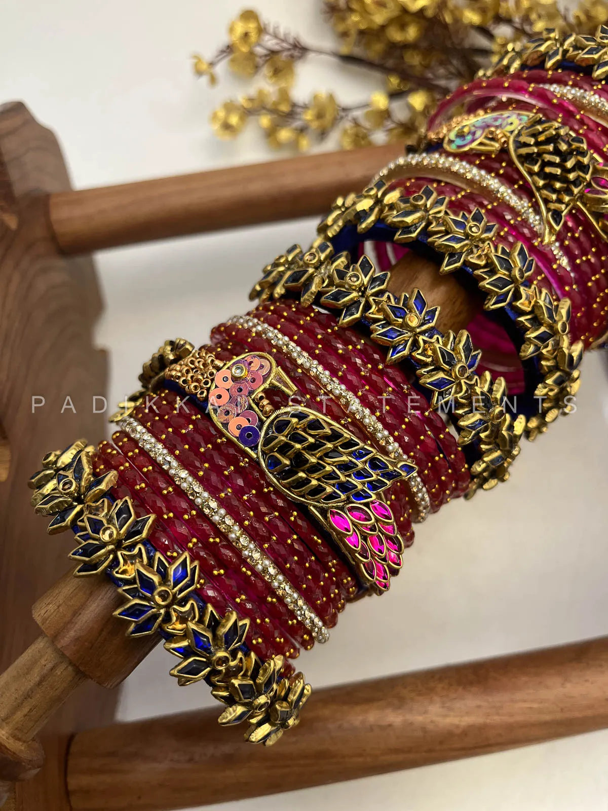 Aarvika Kundan Bangles – Rani Pink, Dark Blue & Gold
