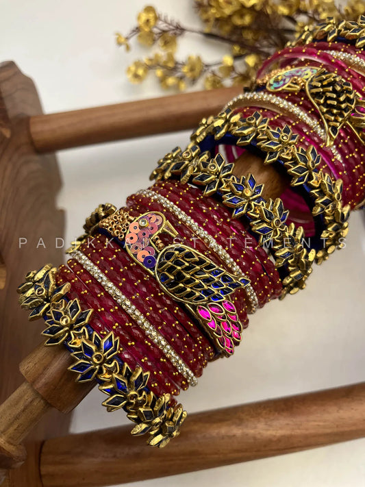 Aarvika Kundan Bangles – Rani Pink, Dark Blue & Gold