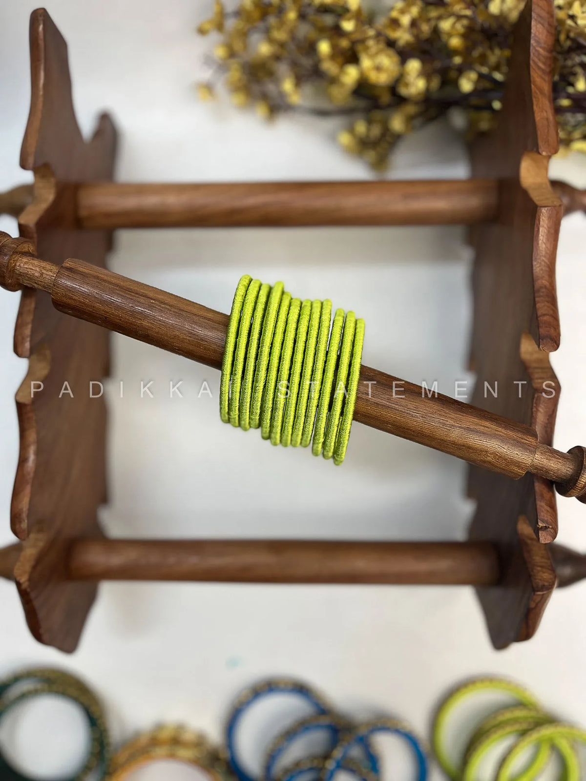 Leela Mayura Latkan Kundan Bangle Set – Parrot Green, Peacock Blue and Antique Gold – image 4