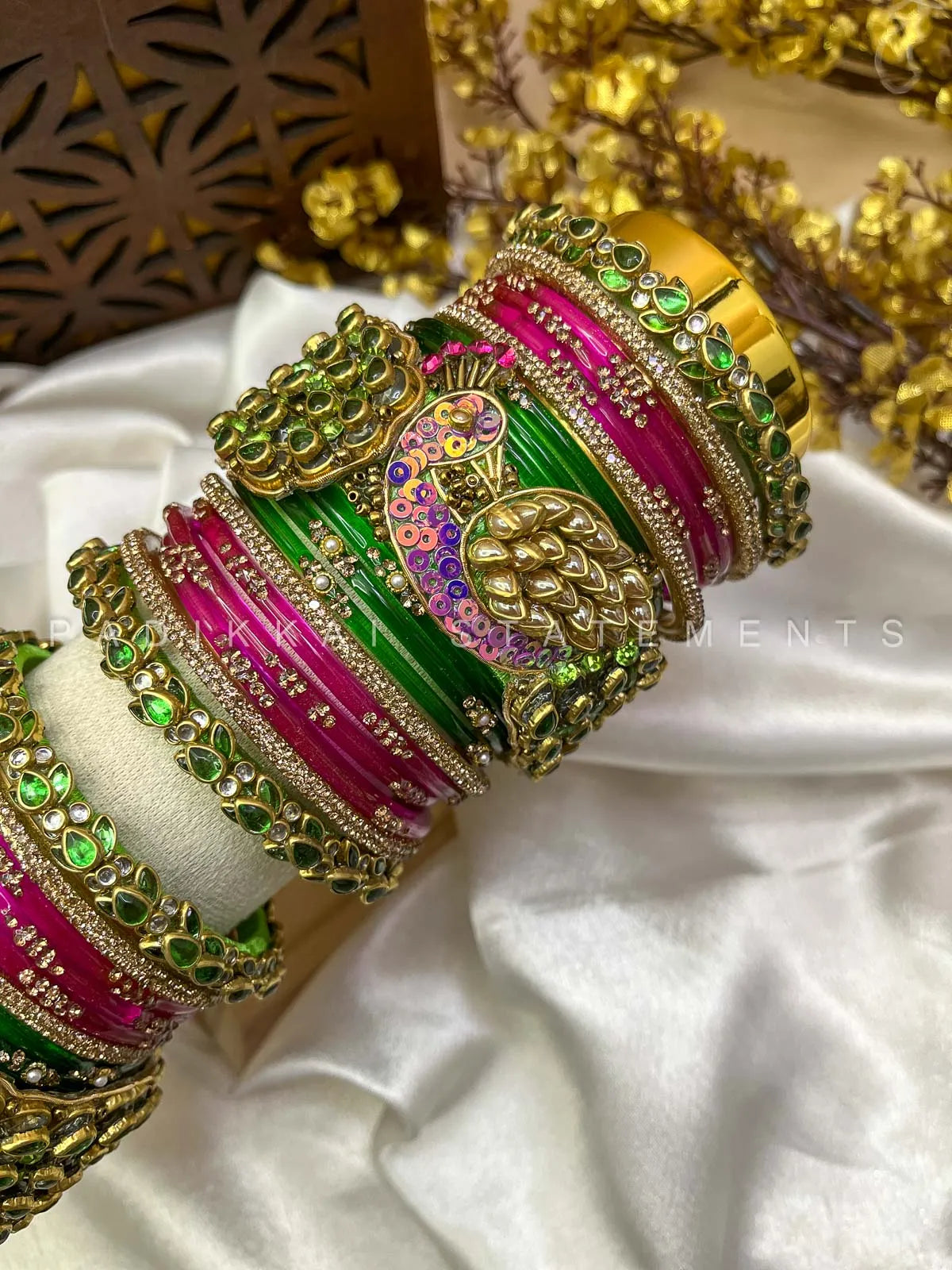 Pakshiraj Peacock Kundan Bangles – Parrot Green, Rani Pink & Gold