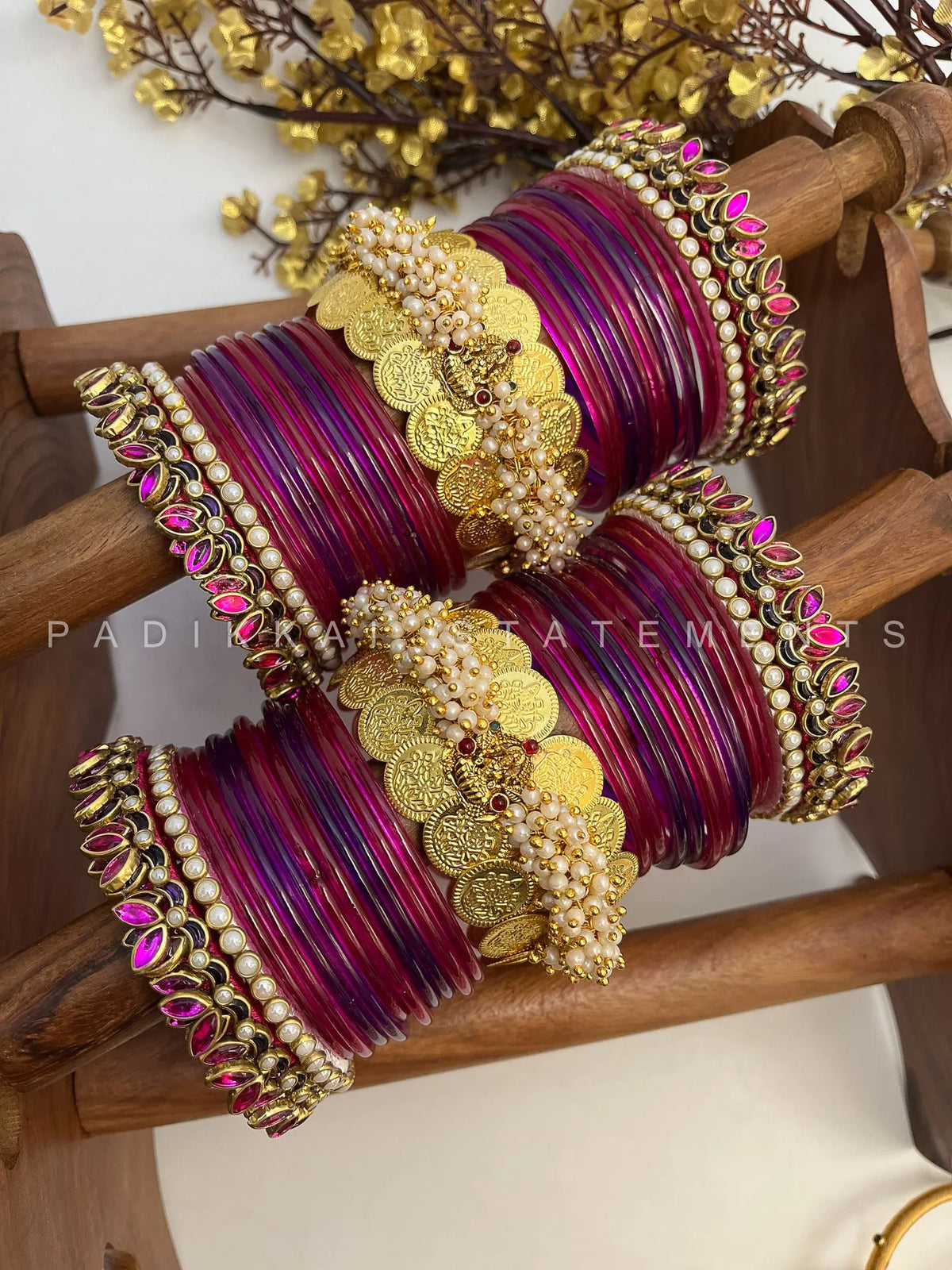Varnika Lotus Coin Bridal Kundan Bangle Set – Magenta Pink, Purple & Antique Gold – image 2