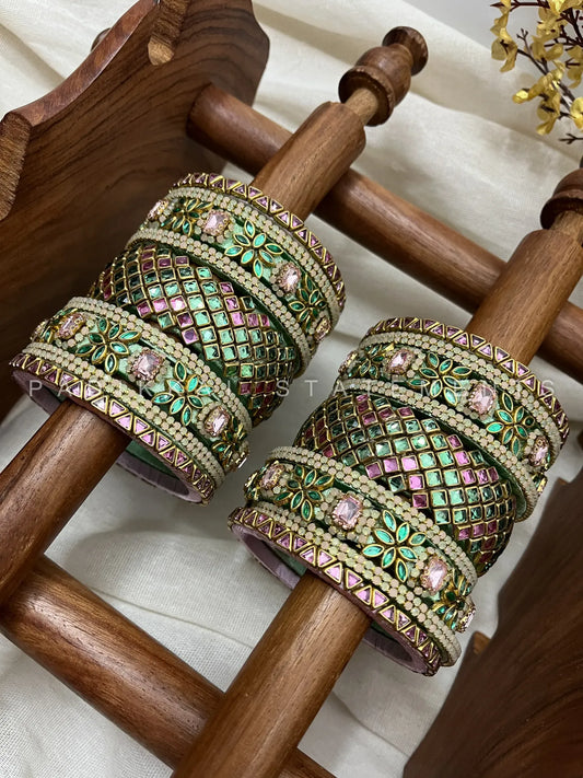 Aurora Pastel Kundan Bangles – Sage Green and Pastel Pink