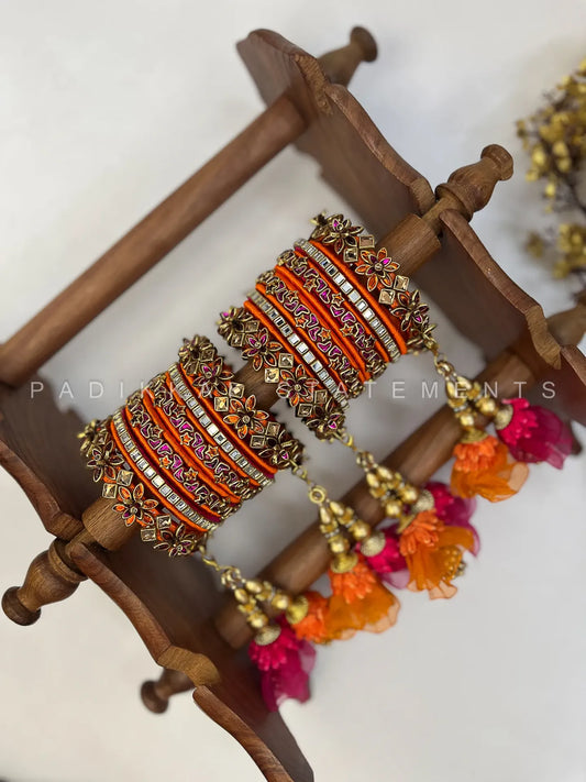 Leela Mayura Latkan Kundan Bangle Set – Saffron Orange, Rani Pink and Antique Gold